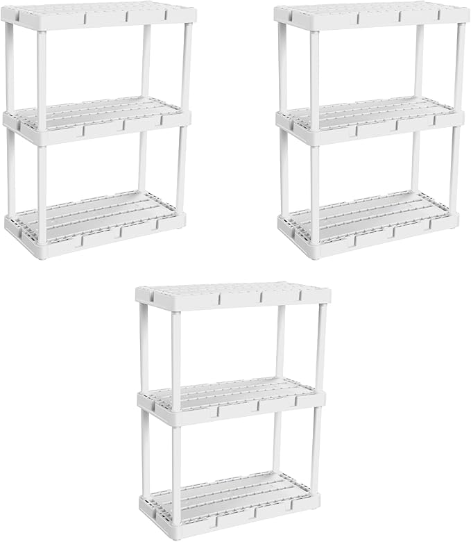 Gracious Living 3 Pack Light Duty Storage Shelves, Knect-A-Shelf 3-Shelf Ventilated Shelving Rack Organizer for Home, Garage, Basement, Laundry, White