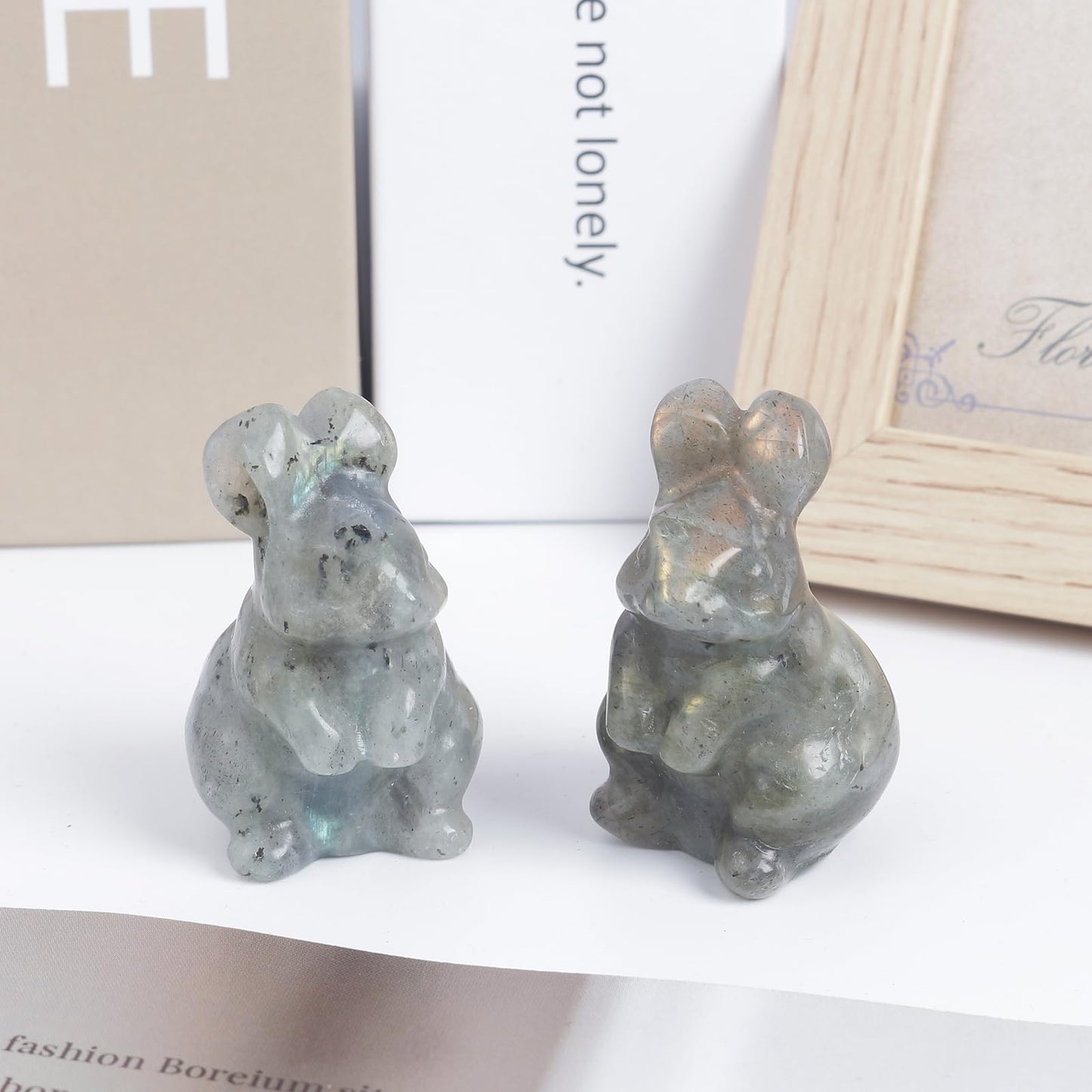 Loveliome Natural Gemstone Crystal Rabbit Figurine, Hand Carved Bunny Statue, Collectible Stone Animal Decor for Shelf, Desk & Gifts, 2 Inch Labradorite