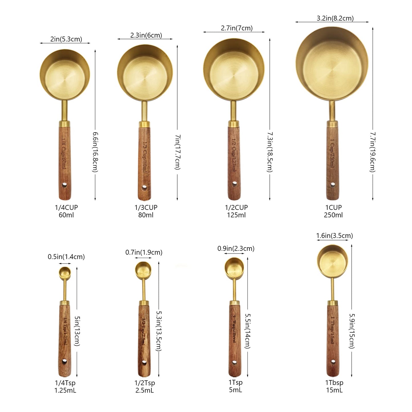 Zalaxt Gold Measuring Cups and Spoons Set with Fragrant Wood Handle, Measuring Cups, Metal Measuring Spoons and Measuring Cup Set for Cooking & Baking, Set of 8 pcs