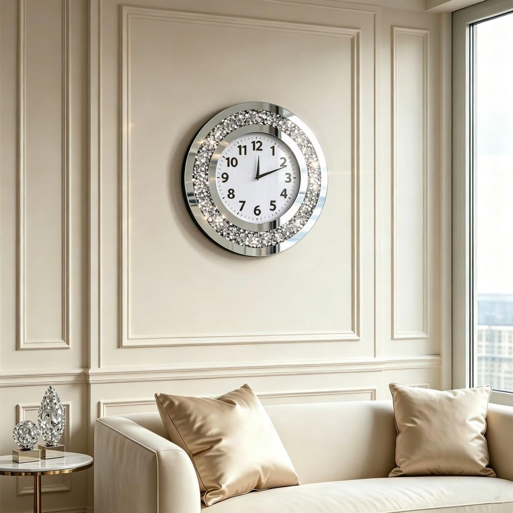 DMDFIRST Acrylic Glass Diamond Decor Round Clock, 15.7x15.7x1.7 Inches Silver Glass Round Decorative Clock, Silent Quartz Movement (No Second Hand), Modern Sparkle Home Decor (AA Battery Not Included)