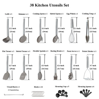 38 Piece Silicone kitchen Cooking Utensils Set with Utensil Rack, Silicone Head and Stainless Steel Handle Cookware, Kitchen Tools for Utensil Sets, Non-Stick kitchen Gadgets, Dishwasher Safe(Silver)