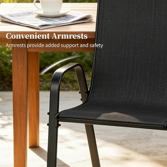 MAMIZO Patio Dining Chairs, Stackable All Weather Teslin Chair, Heavy Duty Outdoor Breathable Chairs Set, w/Armrests, Upgraded Chair FeetW/Strenthened Iron Spacers, 330 LBS (8, Black)