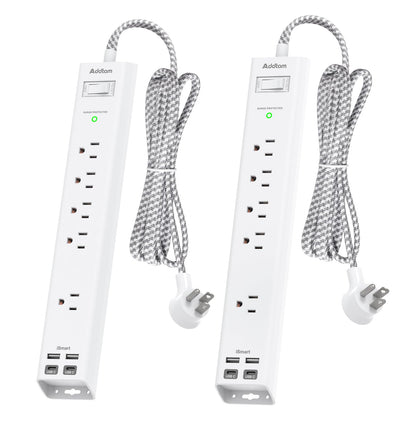2 Pack Power Strip Surge Protector - 5 Widely Spaced Outlets 3 USB Charging Ports, 1875W/15A with 5Ft Braided Extension Cord, Flat Plug, Overload Surge Protection, Wall Mount for Home Office,White