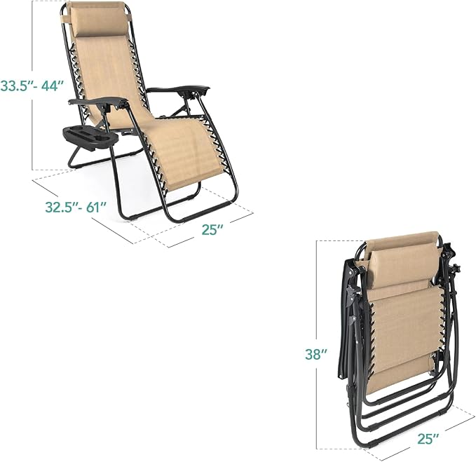 Best Choice Products Set of 2 Adjustable Steel Mesh Zero Gravity Lounge Chair Recliners w/Pillows and Cup Holder Trays - Sand