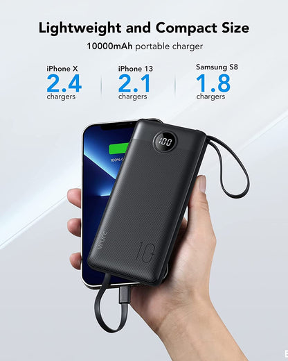 VRURC Power Bank 10000mAh With Built in Cables,USB C Battery Pack Portable Charger with 5 Outputs 2 Inputs Powerbank LED Display compatible with iPhone 16 15 14 Samsung S21 S20 Xiaomi