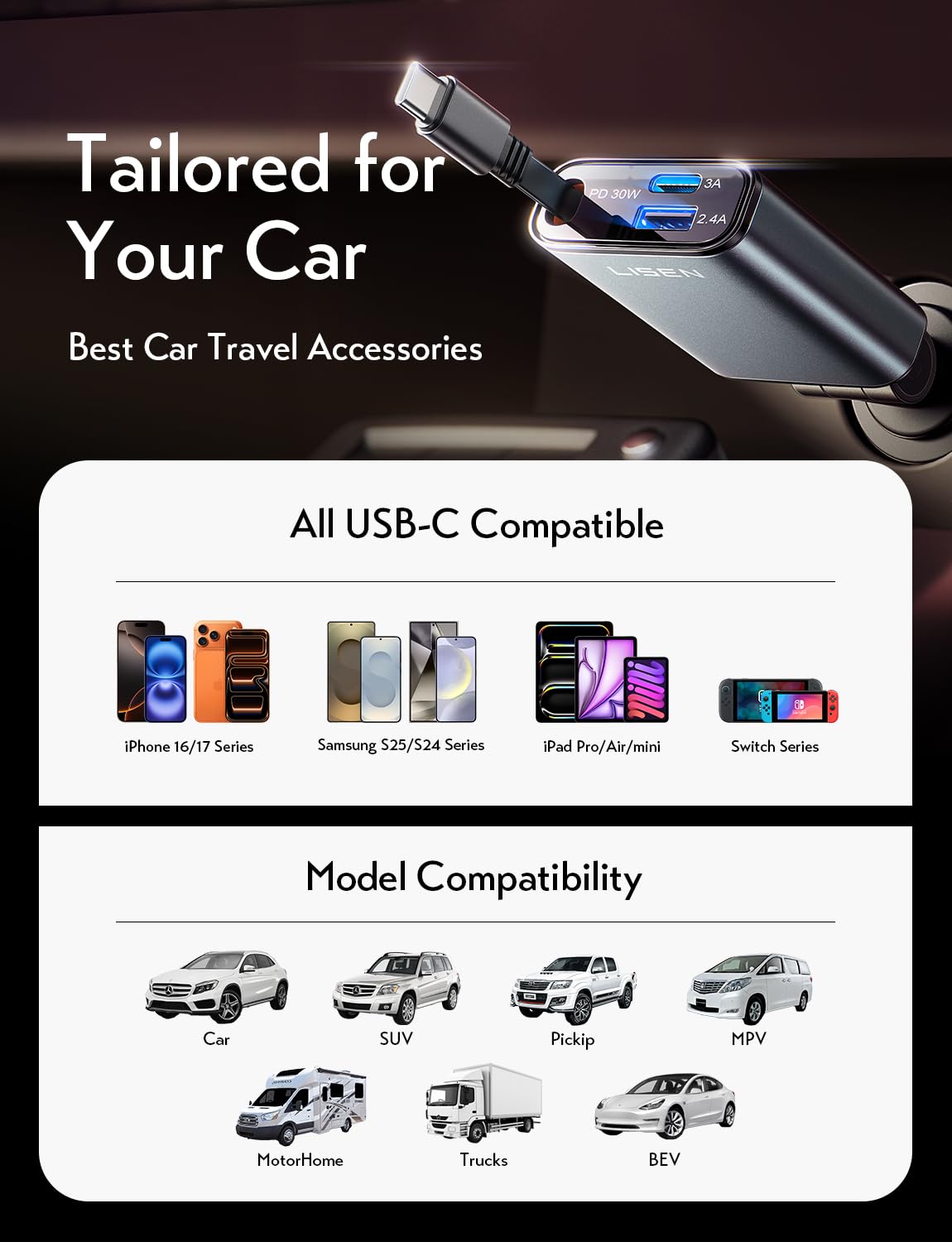 LISEN Retractable Car Charger Adapter for iPhone 17 Pro Max【2025 Ultra Compact】57W USB C Car Phone Charger Best Car Accessories for Men Women Super Fast Cigarette Lighter USB Charger, Grey