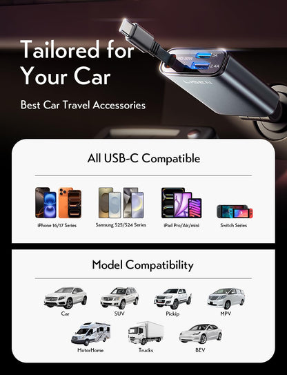 LISEN Retractable Car Charger Adapter for iPhone 17 Pro Max【2025 Ultra Compact】57W USB C Car Phone Charger Best Car Accessories for Men Women Super Fast Cigarette Lighter USB Charger, Grey