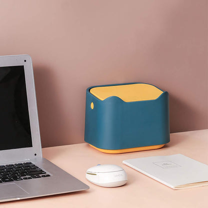YAGGOOD Small desk bin mini waste bin with lid kids dustbin trash can for classic desk, desktop, bedroom, office table top bin in blue and yellow color