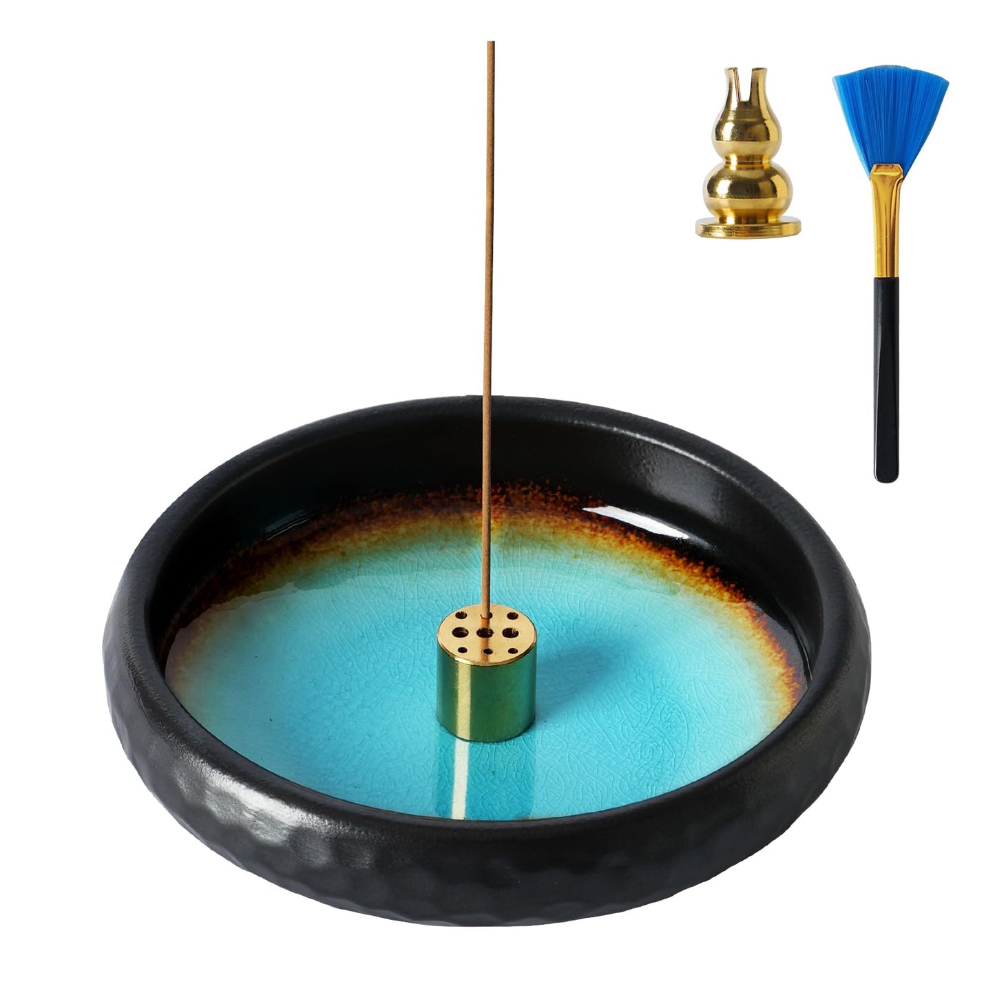 Anywind 6 Inch Incense Holder with Ash Catcher,Handmade Crack Blue Glaze Ceramic Incense Burner Bowl with 9-Hole Design for Sticks,Cones & Coils - Perfect for Meditation,Yoga & Zen Home Decor