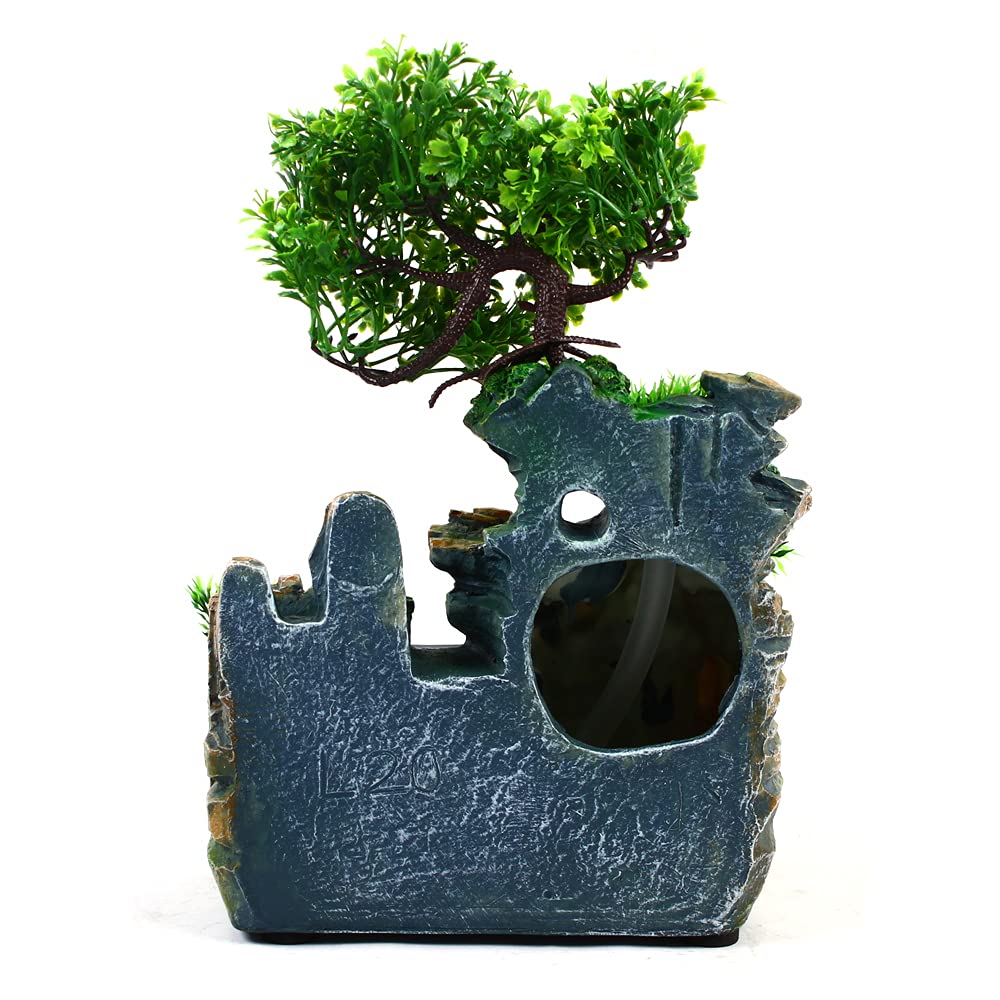 Desktop Fountain Waterfall with Light Rockery Fountain Zen Meditation Plants Stones LED Lamp Indoor Feature with Automatic Pump Relaxation Resin Planter for Office Decoration