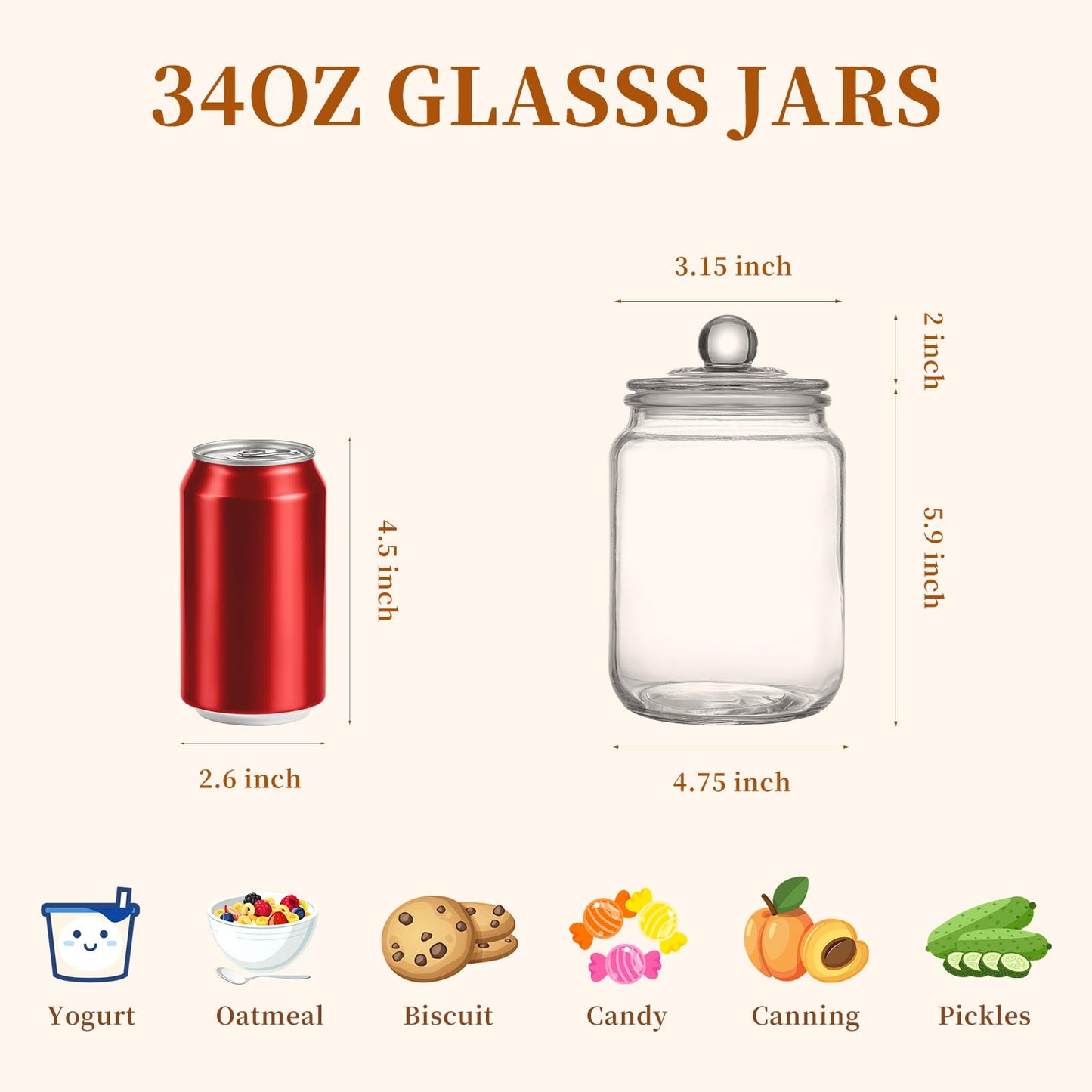 MRZIKPO Glass Jars with Airtight Lid Set of 4, Food Jars 34 oz, Pickle Jars, Canning Jars, Glass Containers, Suitable for Kitchen, Pickles, Flour, Grains, Pasta, Sugar, Herbs, Coffee