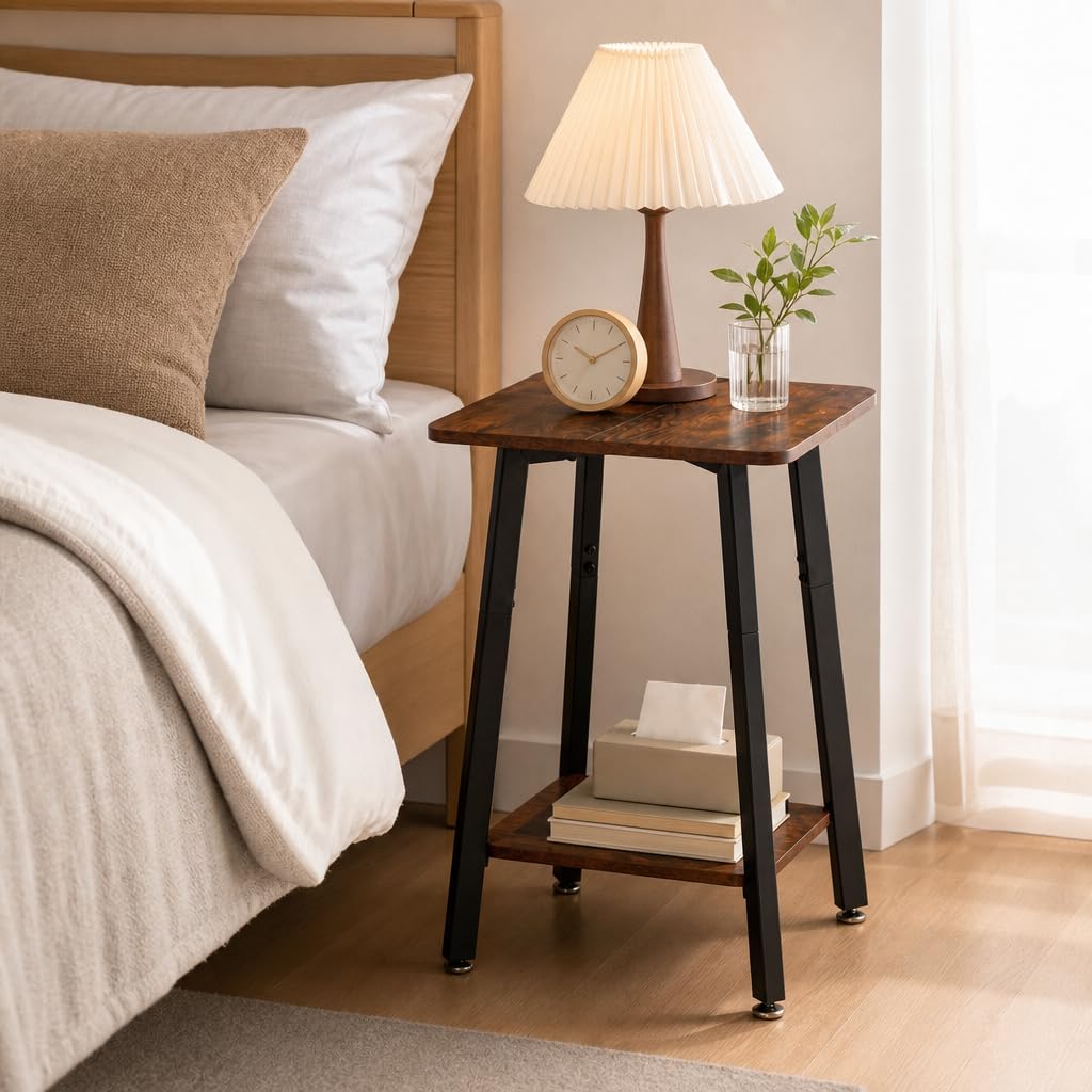 King Oasis Small Side Table for Small Spaces, 2-Tier End Table with Storage Shelf, 15.7-Inch Square Wood and Metal Nightstand for Living Room or Bedroom, Rustic Brown