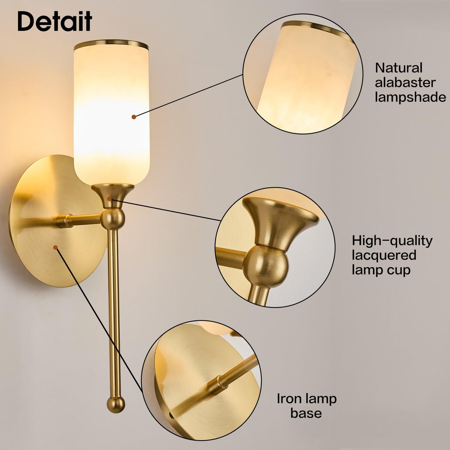 Fanyank Vintage Alabaster Wall Sconce, 15.4inch Natural Marble Lampshade Wall Sconce, Hardwired Sconce LED Modern Wall Lamp for Bedroom, Stairs, Living Room, Bedside, Hallway Gold