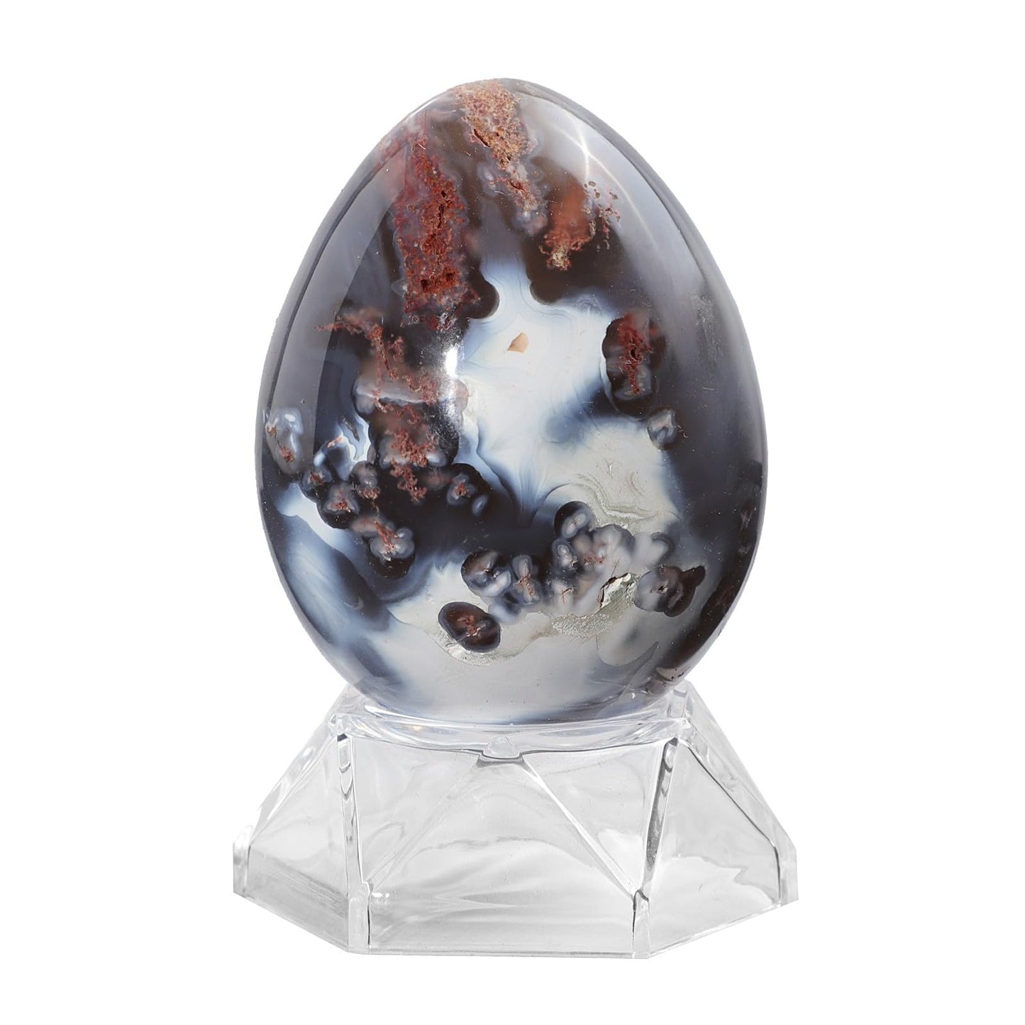 mookaitedecor Natural Orca Agate Crystal Egg Decor, Polished Geode Stone Egg with Acrylic Stand for Easter Home Tabletop Display, 60-75 mm High, 201-300g