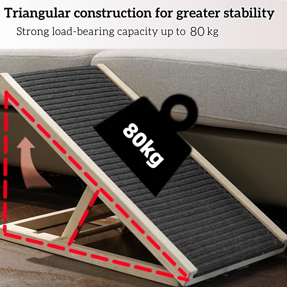 QiMu Solid Wooden Pet Ramp Car Dog Ladder, 2-Height Adjustable w/ Non-slip Carpet Safety Pets, Wooden Dog Ramp Surface Access Stair, Dog Ramp Ladder Cars High Bed, Black, 70x35x30/40cm(LxWxH)