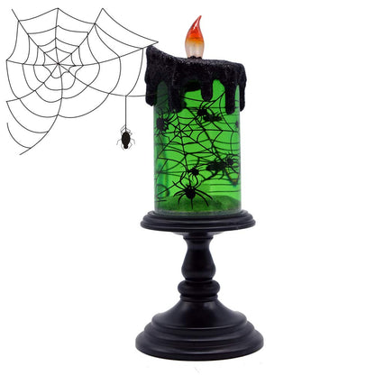 DRomance Halloween Flameless Candle Snow Globe Battery Operated with 6 Hour Timer, Green Light Spider Decal Water Tornado Lamp LED Candlestick Halloween Season Decor Gift 4 x 10 Inches