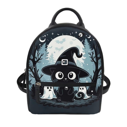Showudesigns Halloween Backpack Purse for Women Mini Backpacks Black Cat Pu Leather Zipper Closure Shoulder Bags Casual Tote Bag Lightweight Tote Bag Daypack Rucksack Cute Ghost Handbag