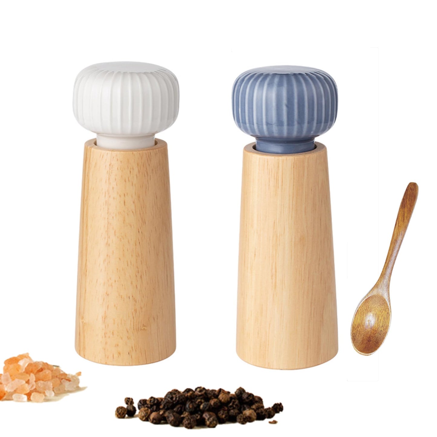 GCFTIFF Wooden Salt and Pepper Grinder Set,Wooden Spoon,Ceramic lid Pepper Mill with Adjustable Coarse Mills,Refillable for Sea Salt & Black Pepper (6.9 inch,2 pcs Indigo blue + white)
