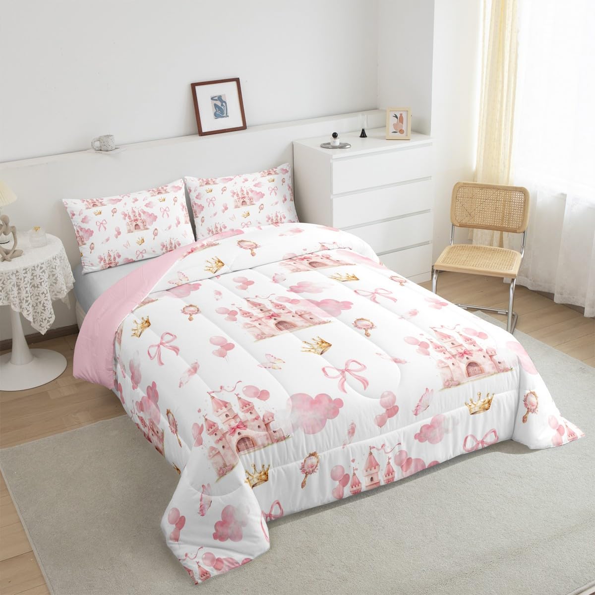 Feelyou Kids Pink Castle Duvet Insert Twin Size, Cute Bowknot Comforter Set Boys Girls Girls Dreamy House Bedding Set Fairytale Teens Bedroom Decor Bed Set 2Pcs