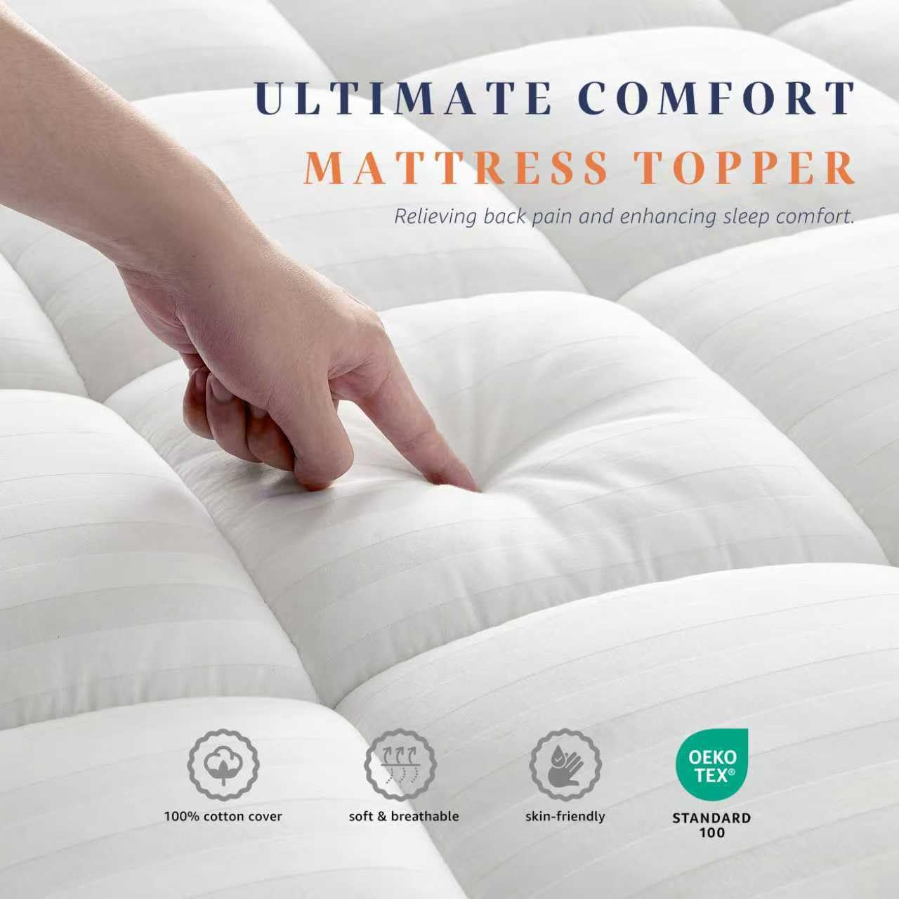 Thick Mattress Topper Twin Size, 100% Breathable Cotton Top Mattress Pad for Kids & Adults, Cooling Quilted Pillow Top Protector, 8-22" Deep Pocket, Machine Washable (39 x 75 Inches, White)