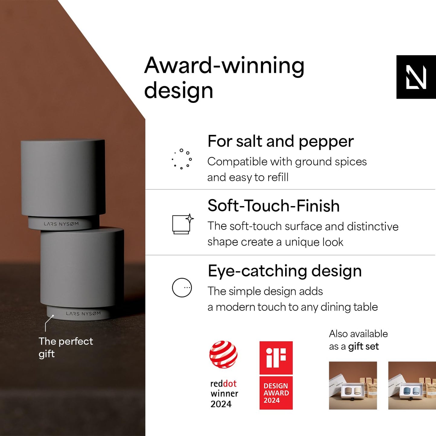 LARS NYSØM Mini Salt and Pepper Shakers Set | Stainless Steel Salt and Pepper Shakers with Modern Minimalist Design, Easy Refill, Small Size (Sage Green)