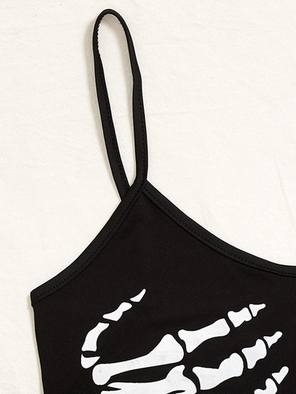 WDIRARA Women's Skeleton Skull Print Scoop Neck Spaghetti Strap Crop Cami Top Black M