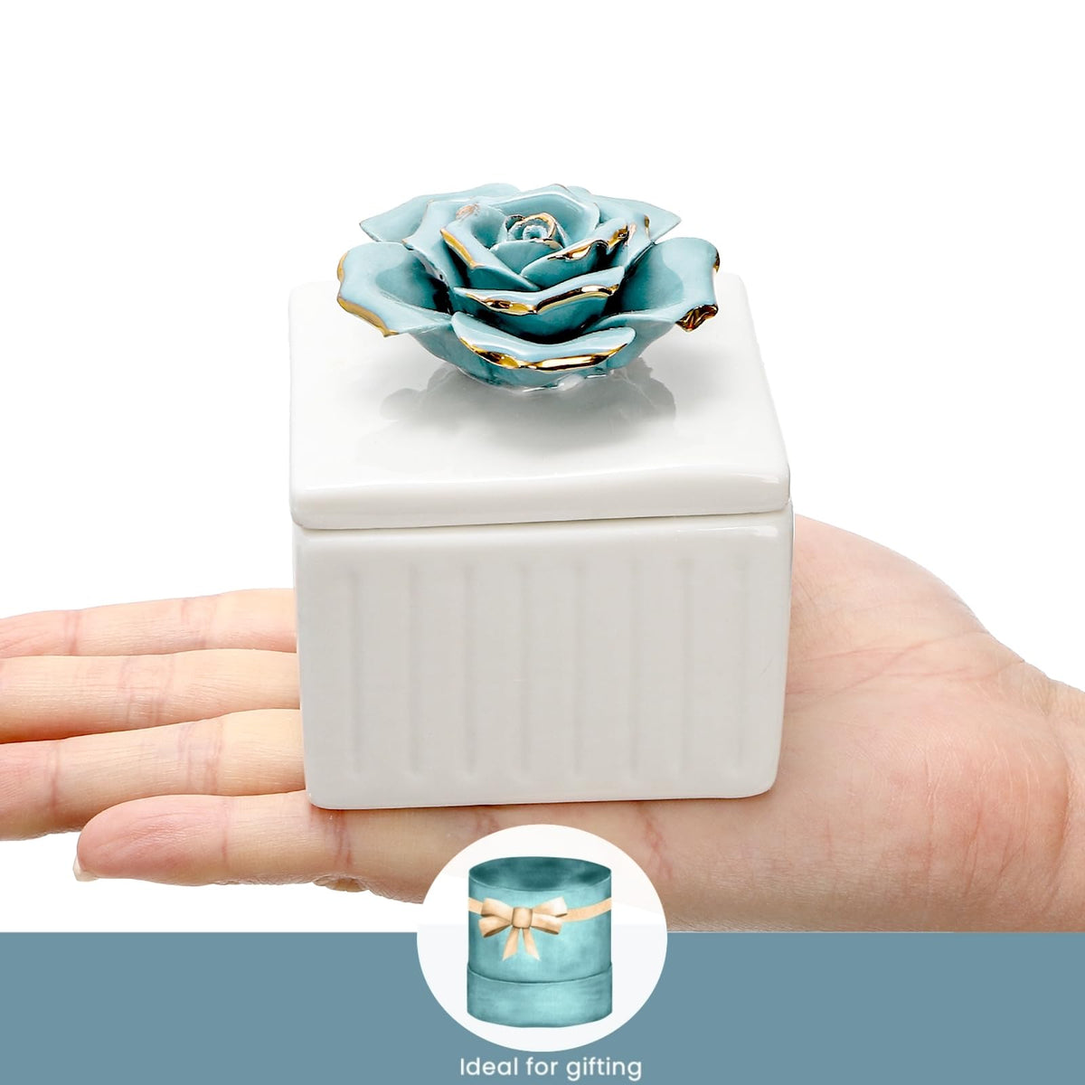 ZOOFOX 3 Pack Vintage Jewelry Box, Small Elegant Embossed Jewelry Holder with Lid and Rose-Shaped Knob, Ceramic Trinket Organizer for Women, Ring, Earrings, Necklace