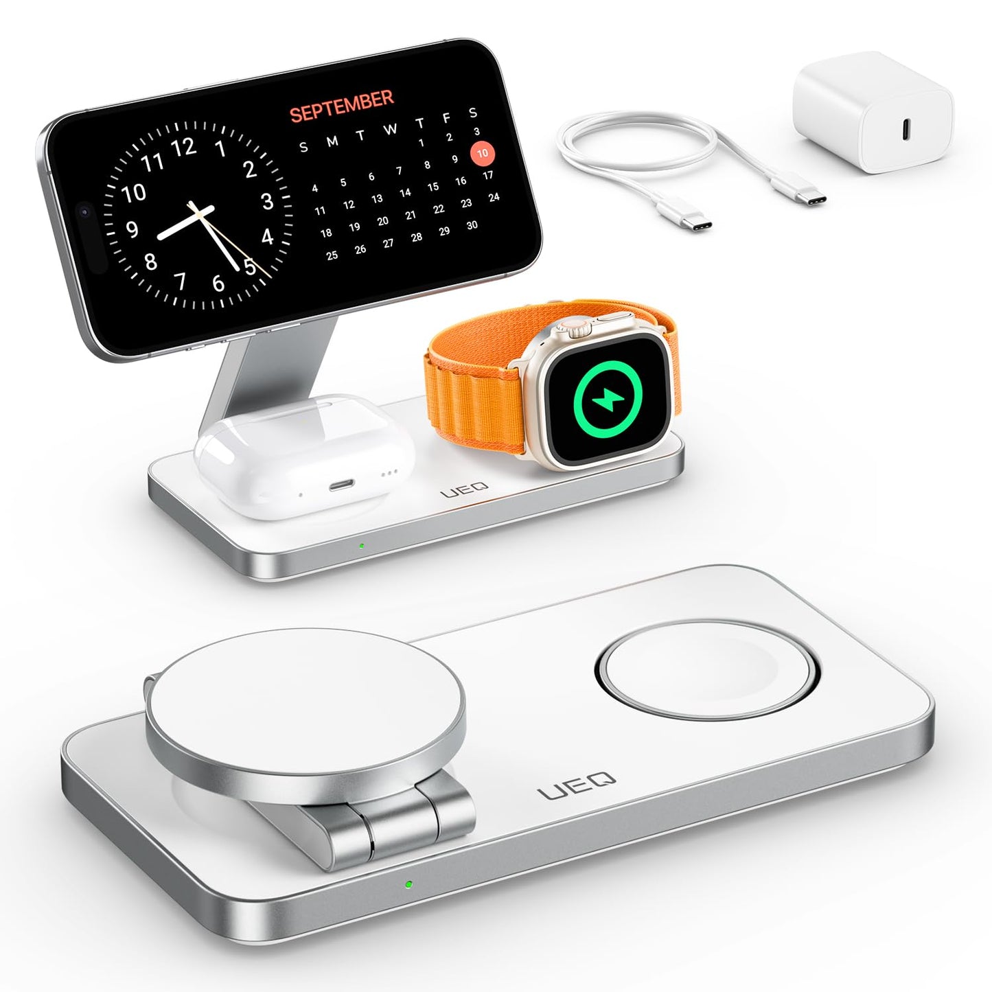 UEQ Foldable 3 in 1 Wireless Charging Station for Apple Compatible with Magsafe Charger Stand,Magnetic Wireless Charger Station for iPhone 17 Air 16 15 14 13 12 Series,Airpods Pro,Apple Watch (White)