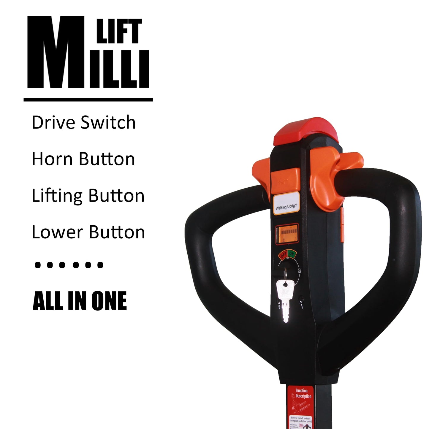 Millilift Electric Pallet Jack, 3300LB Capacity,Heavy-Duty Forks 45"x27", Powerful Drive Motor, 24V 40AH LiFePO4 Battery with Built-in Charger, 2–4H Runtime, for Warehouse,Logistics Company