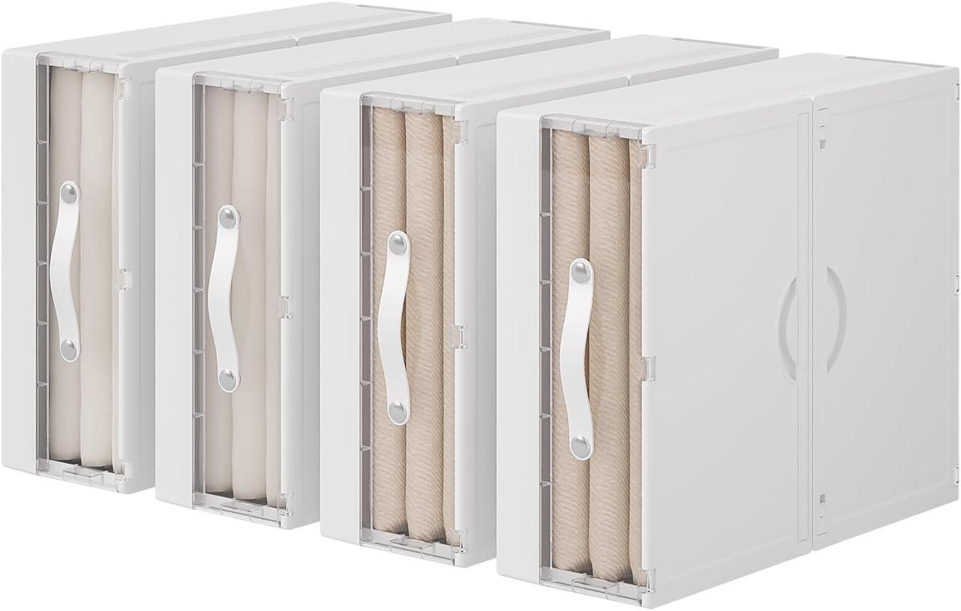GUDEMAY Bed Sheet Organizers and Storage Plastic, 4 pcs Foldable Closet Organizer with Handle, Bedding Storage Box Container for Blanket, Duvet Cover Set, Bed Sheet Set, White
