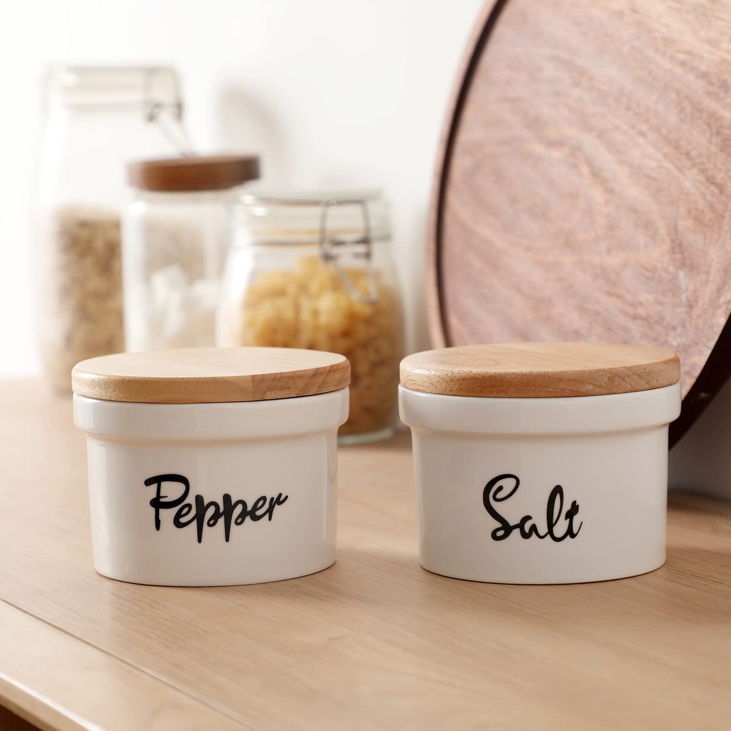 HAOTOP Salt and Pepper Bowls with wooden Lid, 12.5 oz Ceramic Salt and Pepper Saver Container for Countertop, Farmhouse Kitchen Decor
