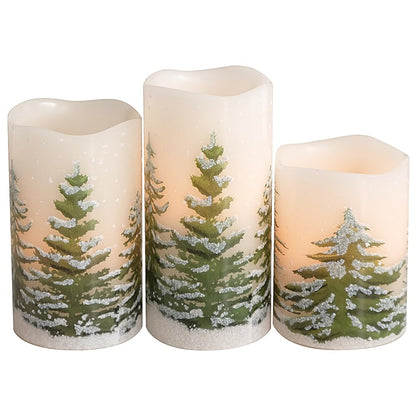Eldnacele Green Tree Christmas Decor Flameless Flickering Candles with Automatical Daily Timers, Battery Operated LED Candles Real Wax Decals Pack 3 Tiered Pillars 3 x 4 5 6 Inches