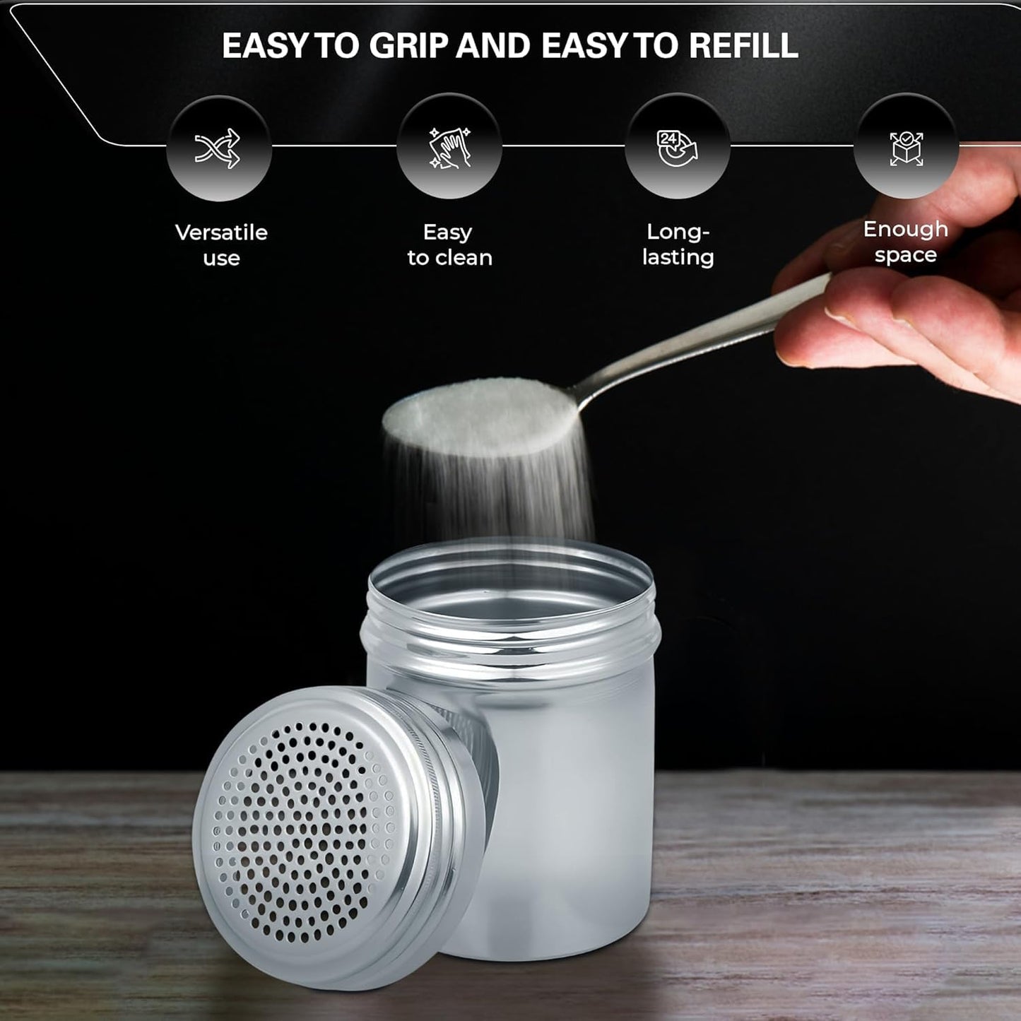 OCS Parts Set of 6 Stainless Steel Dredge Shakers | Without Handles | 10 Ounce Stainless Steel Salt, Pepper, Powdered Sugar an Spice Shakers for Home and Commercial Kitchens