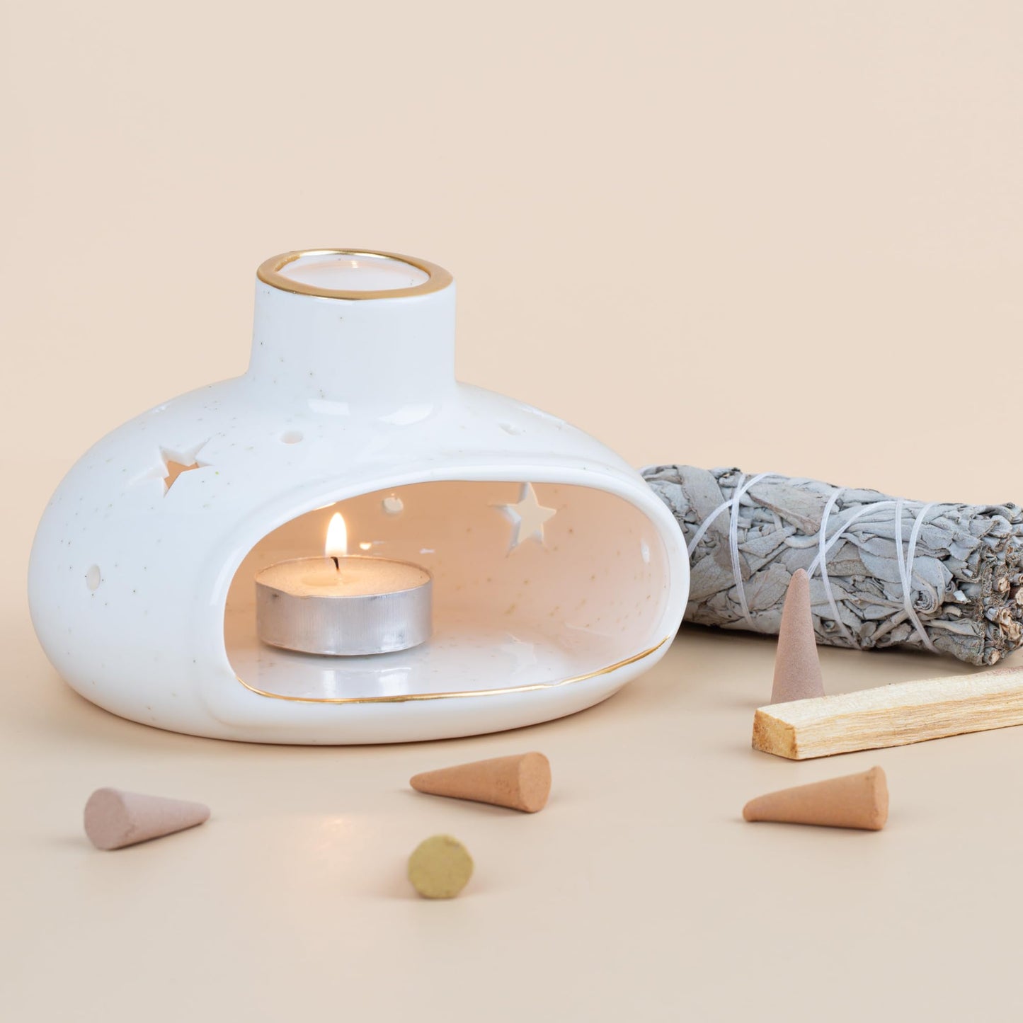 ZenBless 3 in 1 Incense Holder for Palo Santo Sticks Sage Incense, Handcrafted Ceramic Incense Burner Holder Ash Catcher with Chimney, Smudge Bowl for Yoga Meditation Room Home Decor