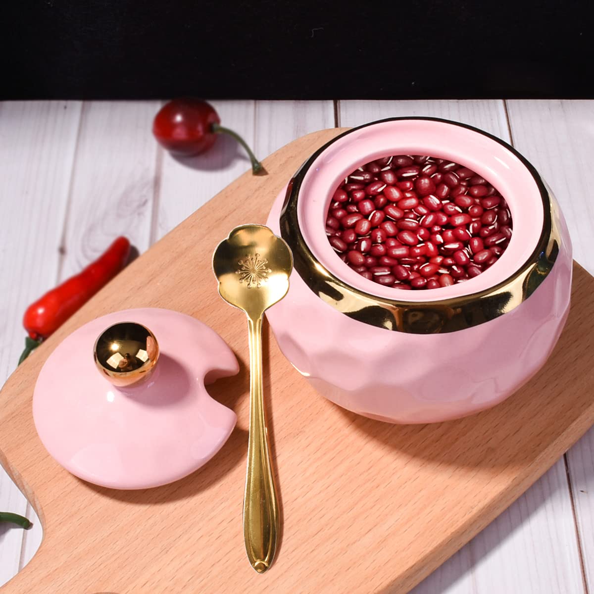 BOSILI Ceramic Sugar Bowl with Spoon Golf Shaped Ceramic Salt Container with Lid for Home and Kitchen (Pink)