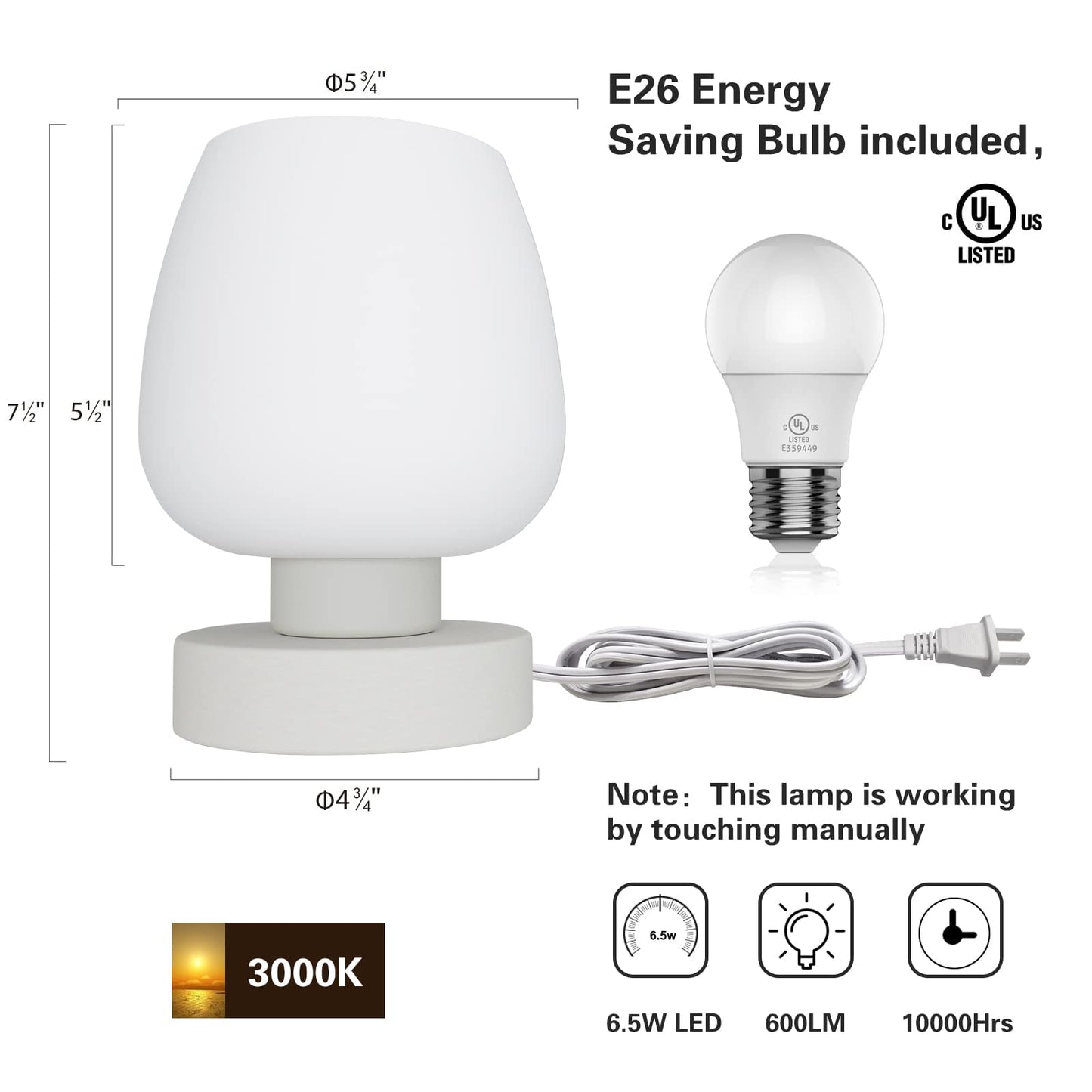 ONEWISH Small Bedside Lamp for Bedroom, 3-Way Dimmable Touch Control, 600 Lumen Bright Opal Glass Shade, 7.5 Inch Ultra Compact Nightstand Lamp, Warm White 2700K LED Bulb Included, Modern Design