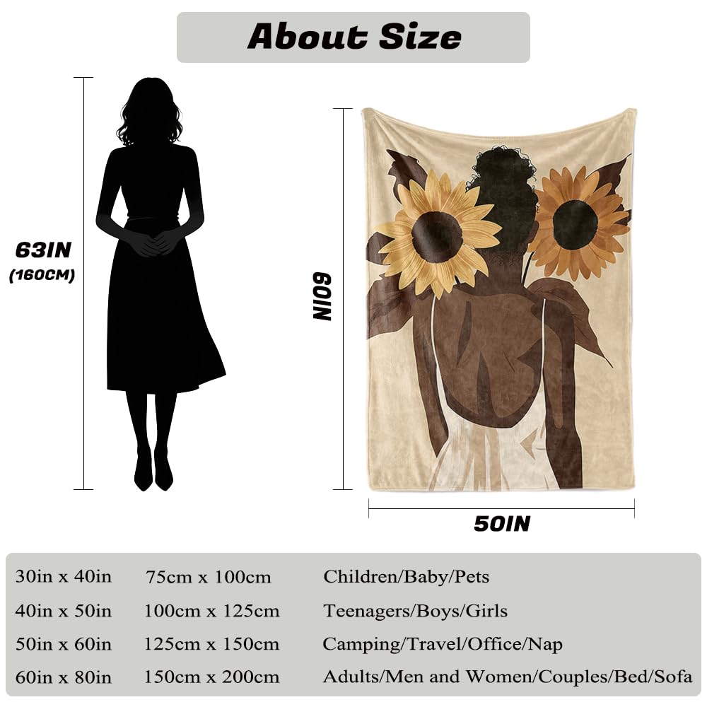 HUNXIAOJ African American Gifts for Women Black Girl Blanket Boho Print Blanket African American Decor Warm Soft Flannel for Girls Woman Teens Adults Bed Sofa Couch (50 in x 60 in)