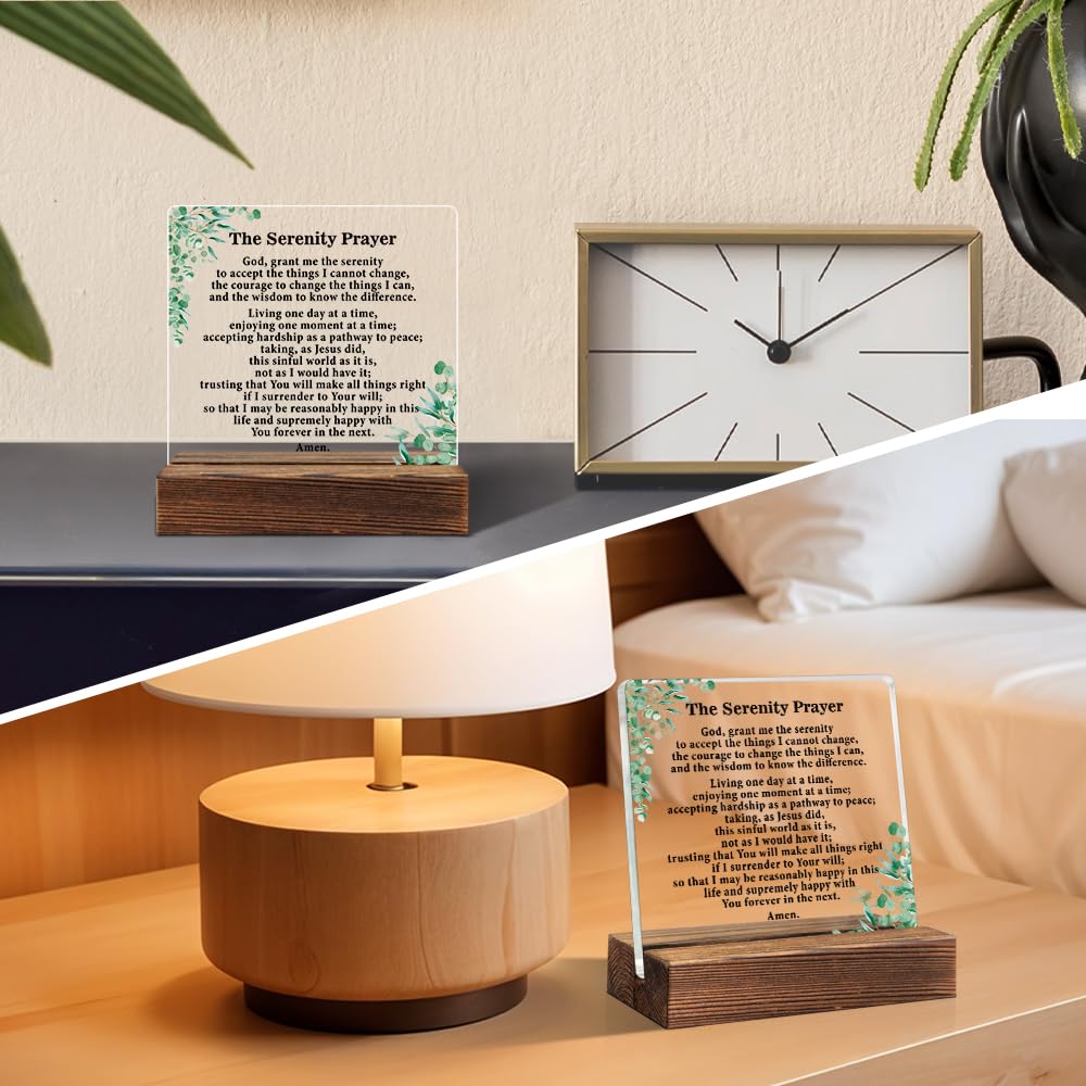 THEBESTU The Serenity Prayer Acrylic Sign with Wood Stand, Inspirational Christian Gifts, Bible Verses Acrylic Plaque, God Grant Me the Serenity Desk Decorative Sign for Home Office, Religious Gifts