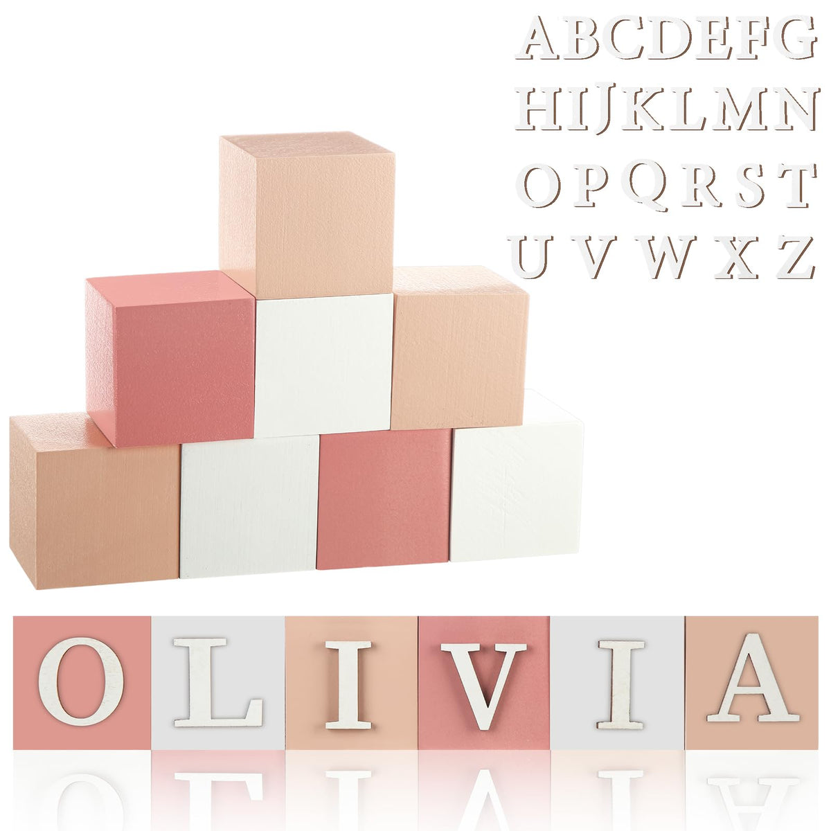 Kigley 8 Pcs Custom Wooden Name Sign 8 Letter Blocks and 78 Wooden Letter Name Wooden Cubes Wooden Blocks for Montessori Shower Name Alphabet Wood Signs(Pink)