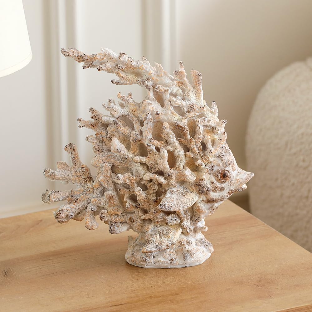 SUYNYBHF Coral Fish Figurines Beach Coastal Coral Reef Decor 9.6-inch Resin Statue Angel Fish Home Office Desktop Sculpture Bathroom Decoration Mom Gift Ornament Gift(White) (White Coral Fish)