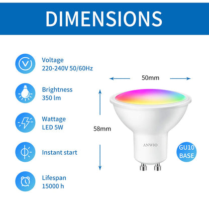 GU10 Reflector Smart LED Bulb, ANWIO 6W = 35 Watt, 400Lm, Compatible with Alexa, Echo, Google Assistant, Dimmed TUYA/Smart Life APP, 4 Pack