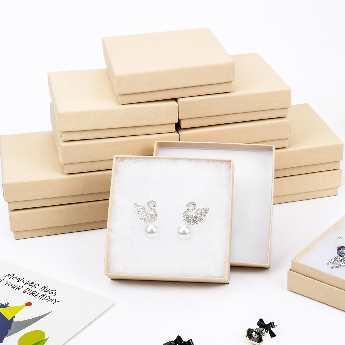 batifine Jewelry Gift Boxes, Cardboard Jewelry Boxes, 40 Pack 3.5x3.5x1 Inch, Bulk Cotton Filled Small Jewelry Boxes with Lids for Necklace Ring Bracelet Earring Display Box (Brown)