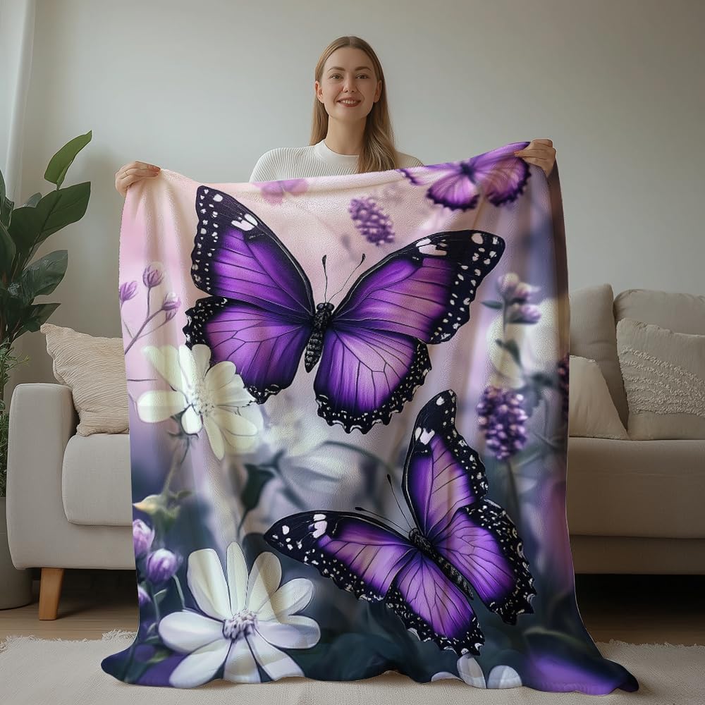 HUNXIAOJ Butterfly Throw Blanket for Women Butterfly Floral Blanket Romantic Gifts Warm Soft Flannel for Girls Boys Women Teens Adults Bed Sofa Couch (50 in x 60 in)