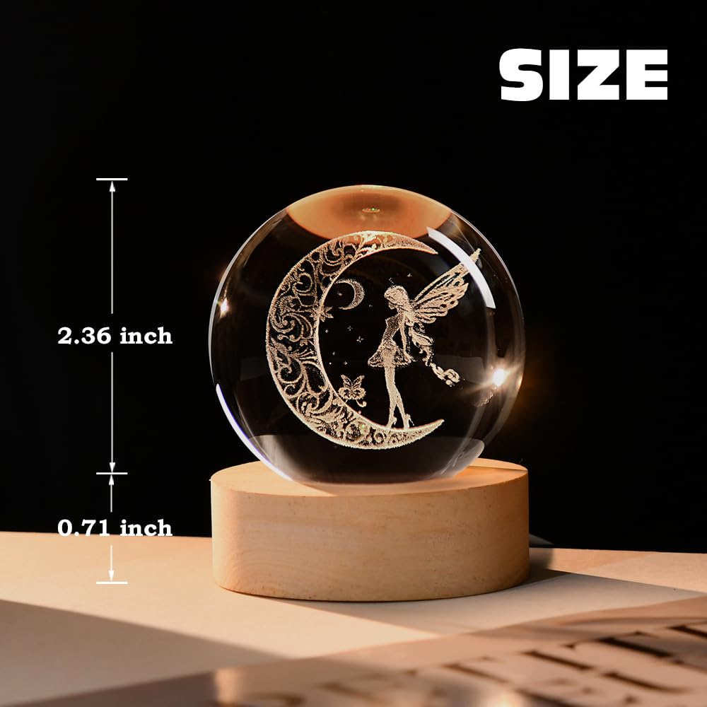 ZRENJHUS Moon Fairy Crystal Ball Decorative Ball 60mm Fairy Glass Sphere Decor 3D Dreamy Engraving Gifts for Girls Women Fairy Lovers Wedding Gift with Light Base