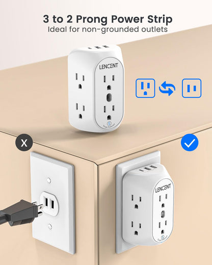 LENCENT 2 Prong Power Strip, 3 to 2 Prong Grounding Outlet Adapter 6 Outlet 1 Type C&2 USB 3.4A, Polarized Plug, 1728J Surge Protector, 3-Sided Wide Spaced Extender,Wall Mount for Non-Grounded Outlet