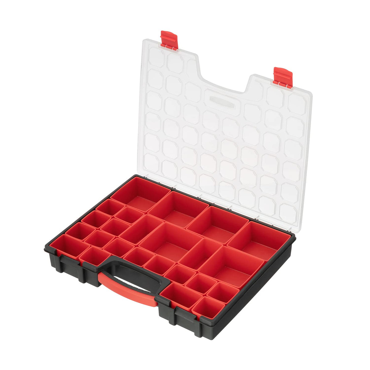 INTERTOOL Hardware Organizer with 24 Removable Bins - Small Parts Storage Tool Box for Nuts, Bolts, Screws, Nails - Portable Handle Transparent Lid with Locks BX08-4033