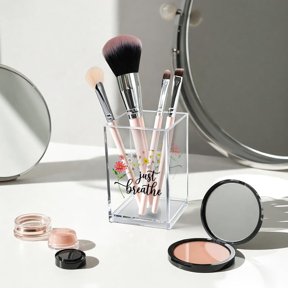 Vgrti Just Breathe Acrylic Cosmetic Pencil Pen Holder Cup, Inspirational Dandelion Desk Organizer Accessories for Home Office Decor, Encouragement Gifts for Women Girl Coworker Daughter Yoga Teacher