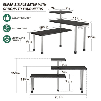 ZHWS Kitchen Countertop Organizer Spice Rack for Salt, Bathroom Counter Organizer Over Sink for Makeup, Skincare, Adjustable 3-Tier Corner Counter Shelf with 4 Hooks for Coffee Bar Dresser Table