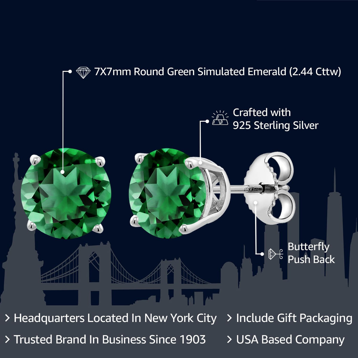 Gem Stone King 2-4 Cttw Round Gemstone Birthstone Stud Earrings For Women Men | 925 Sterling Silver | Round 7MM | Fine Jewelry Gifts for Women Her Mom Wife Men | Nano Emerald-May