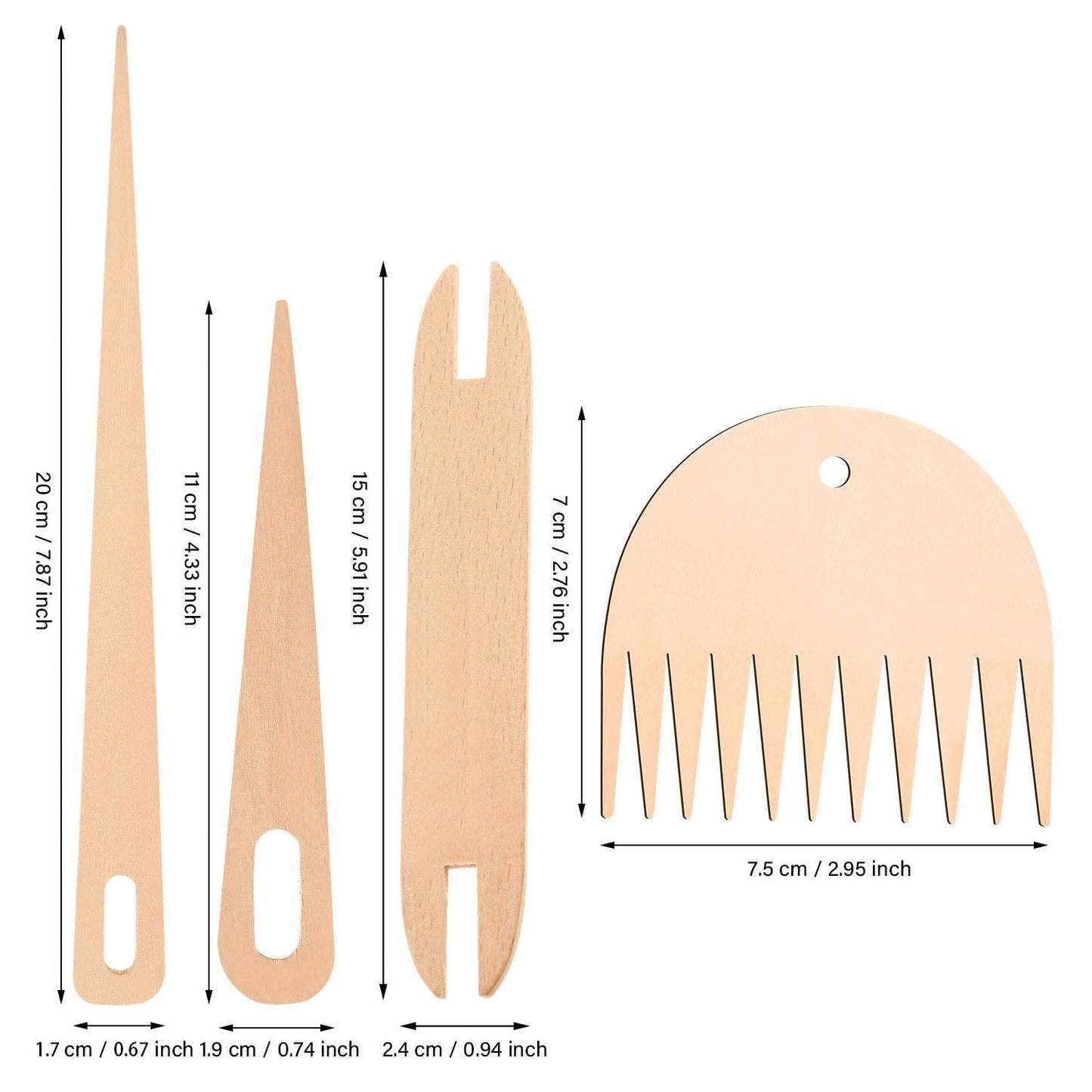7 Piece Wood Hand Loom Stick Set - Include 5 Wooden Weaving Needles, Shuttles, Stick & Comb for Knitted Crafts DIY